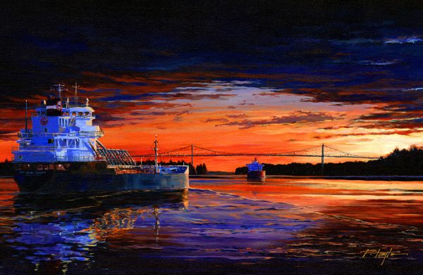Watercolor painting of ship in the St. Lawrence River by artist Paul Taylor