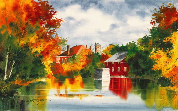 Fine Art Giclée print of a creek and old mill in the fall.