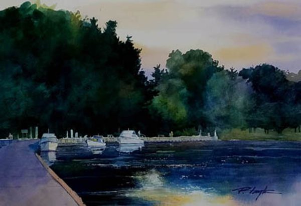 Original watercolor of boats tied up at the lock in Baldwinsville on the Erie Canal