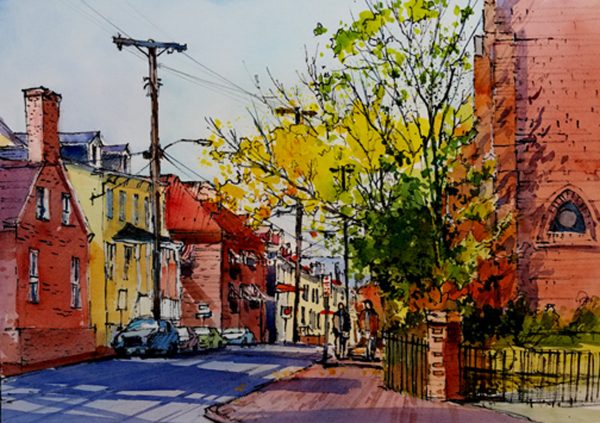 Original watercolor and ink of Church Circle in Annapolis Maryland