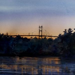 Original watercolor of the Thousand Islands Bridge at dusk.