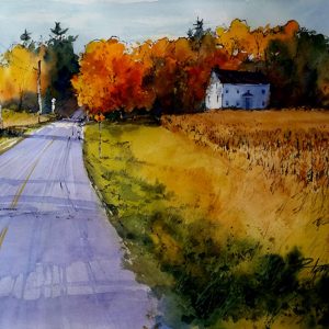 Original watercolor and ink of a country road, cornfields and a white house on the hill