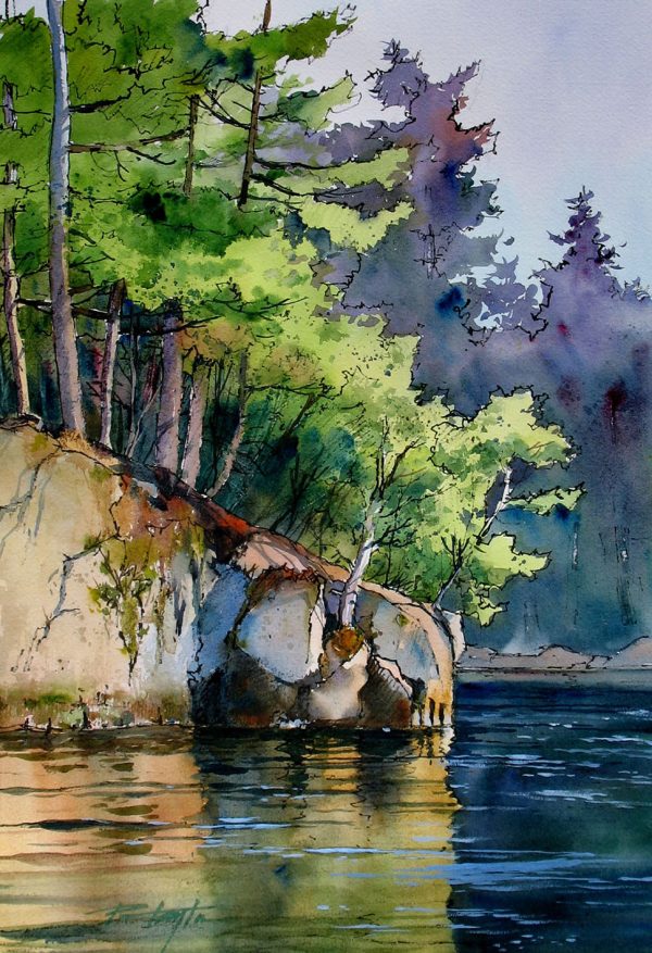 Fine Art Gilée print of pines and the rocky shore of the St. Lawrence River.