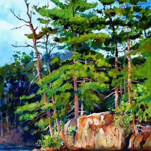 Original Acrylic of pines and jagged rocks on the St. Lawrence River