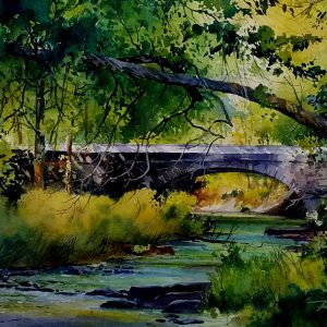 Original watercolor of a bridge in Letchworth State Park in NY