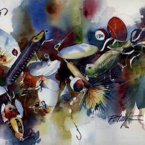 Original watercolor of a fresh water lures collection