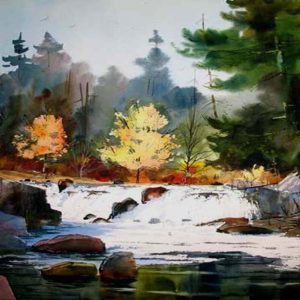 Original watercolor of a waterfall in the Adirondacks.