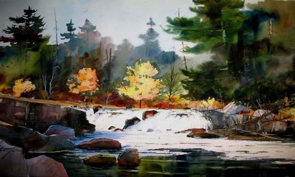 Original watercolor of a waterfall in the Adirondacks.