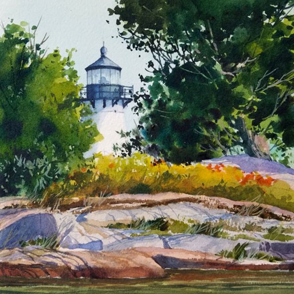 Original watercolor of a lighthouse on Rock Islands in the Thousand Islands NY