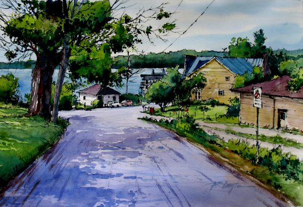 Original watercolor and ink of the view driving down into Rockport Ontario on the St. Lawrence River