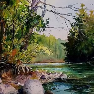 Original watercolor of the Schroon River in the Adirondacks.