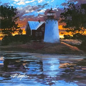 Original Acrylic painting of Crossover Lighthouse with the sun setting behind