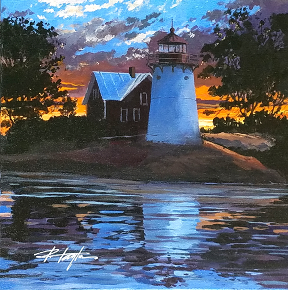 Original Acrylic painting of Crossover Lighthouse with the sun setting behind