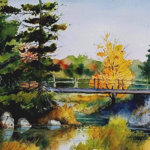 Original watercolor of a bridge over a small creek.