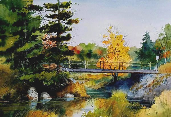 Original watercolor of a bridge over a small creek.