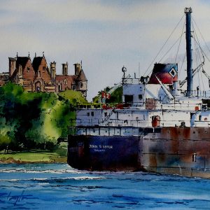 Original watercolor and ink of a lake freighter on the St. Lawrence River passing Boldt Castle