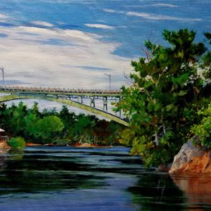 Original acrylic showing the Lost Channel under the arched section of the Canadian span of the Thousand Islands Bridge system.