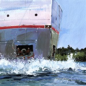 Original acrylic of an up close view of a freighters bow and frothy water