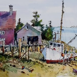 Original watercolor of boats at low tide