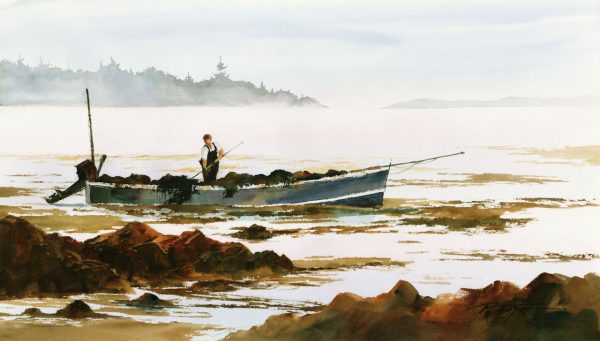 Originals Watercolor of fisherman raking weeds