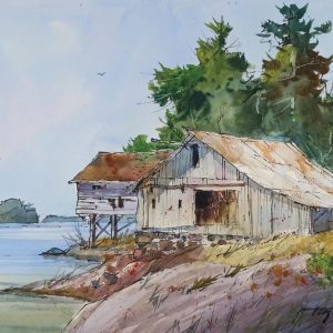 Original watercolor of barn on a lake