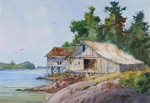 Original watercolor of barn on a lake