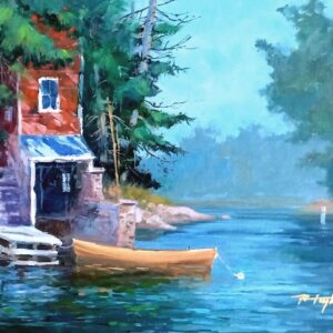 Skiff by a red cottage